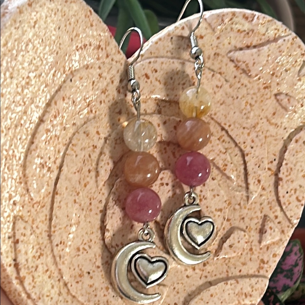 Handmade Silver Moon & Heart Earrings w/ Strawberry Quartz + Citrine Crystal - Picture 3 of 4
